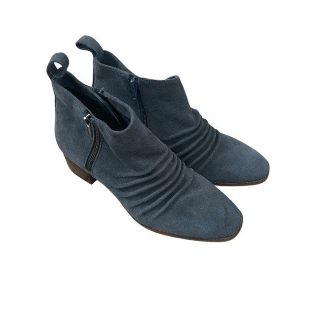 Blue Suede Ruched Ankle Boots Side Zip Block Heel Women‎ Shoes Size 7.5
